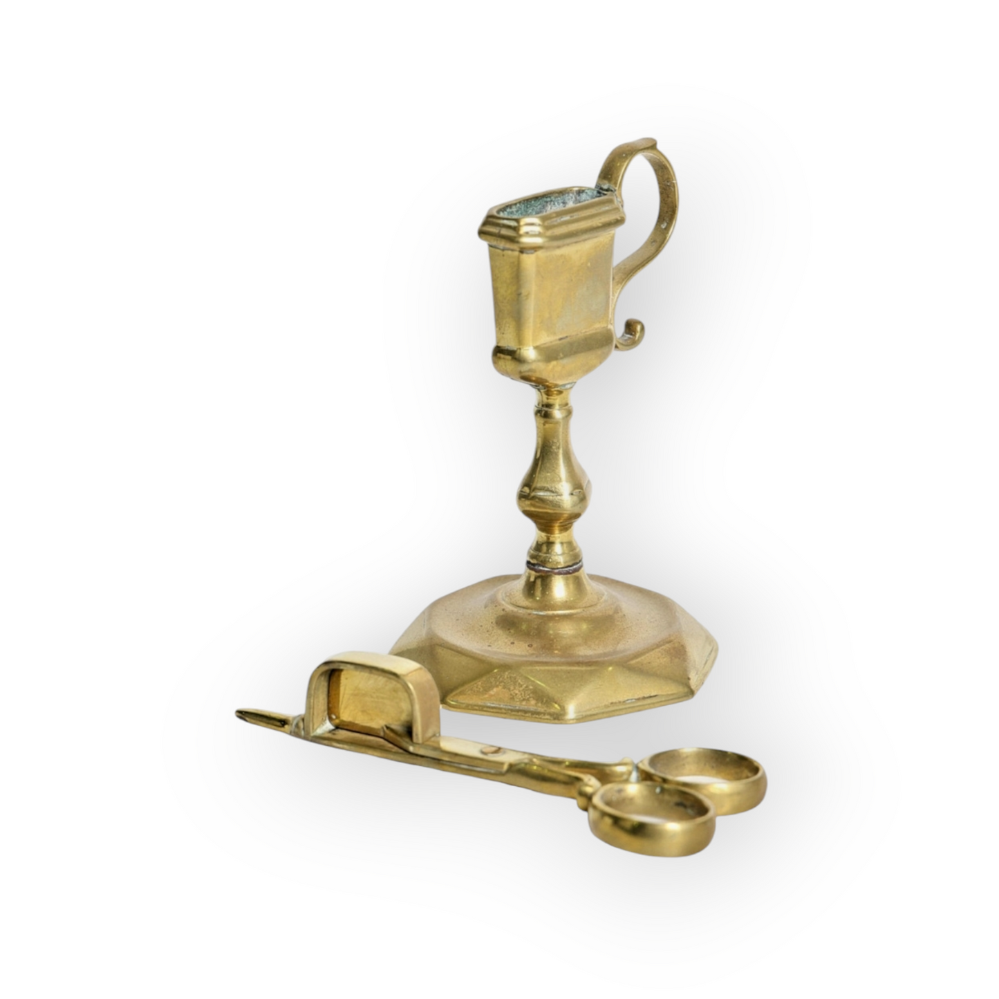 Rare Early 18th-Century English Antique Brass Candle-Snuffer & Stand, circa 1720-1740