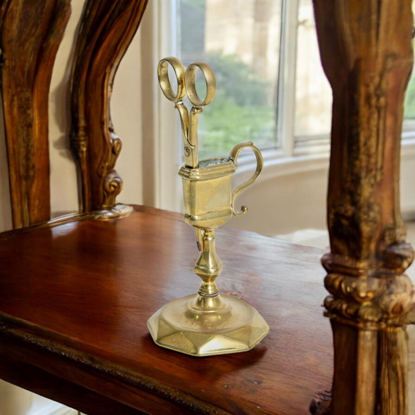 Rare Early 18th-Century English Antique Brass Candle-Snuffer & Stand, circa 1720-1740