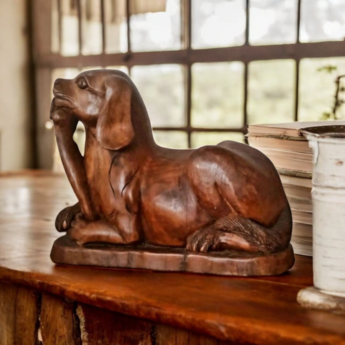 Large Early 19th Century Antique Folk-Art Carved Wooden Sculpture Of A Recumbent Dog With A Bone