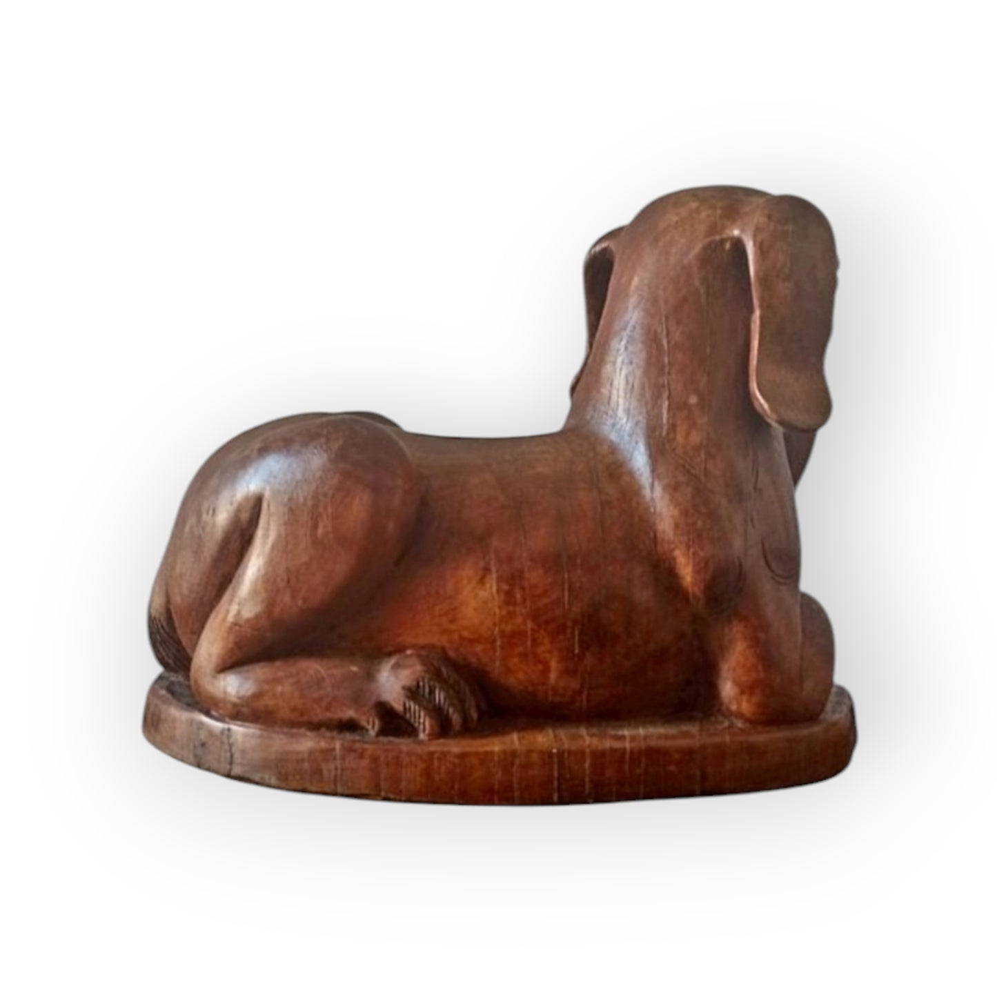 Large Early 19th Century Antique Folk-Art Carved Wooden Sculpture Of A Recumbent Dog With A Bone