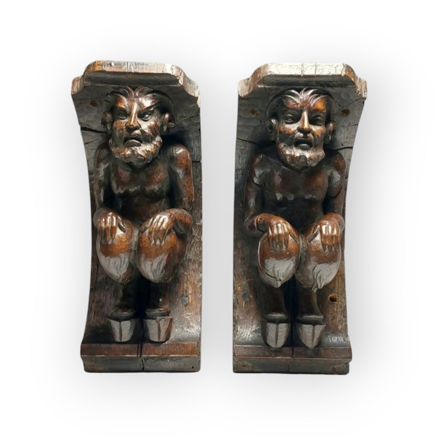 A Large Pair Of Late 17th-Century Antique Carved Oak Satyrs or Faunus