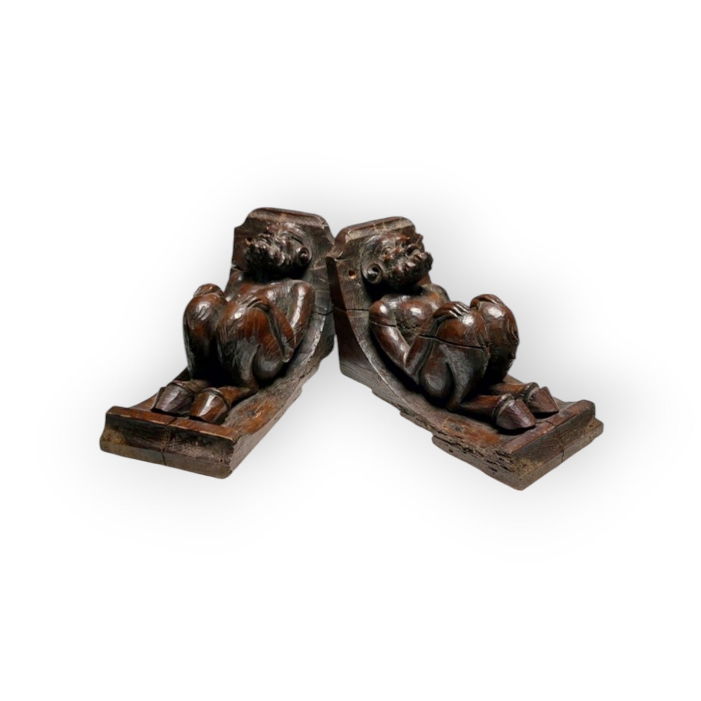 A Large Pair Of Late 17th-Century Antique Carved Oak Satyrs or Faunus