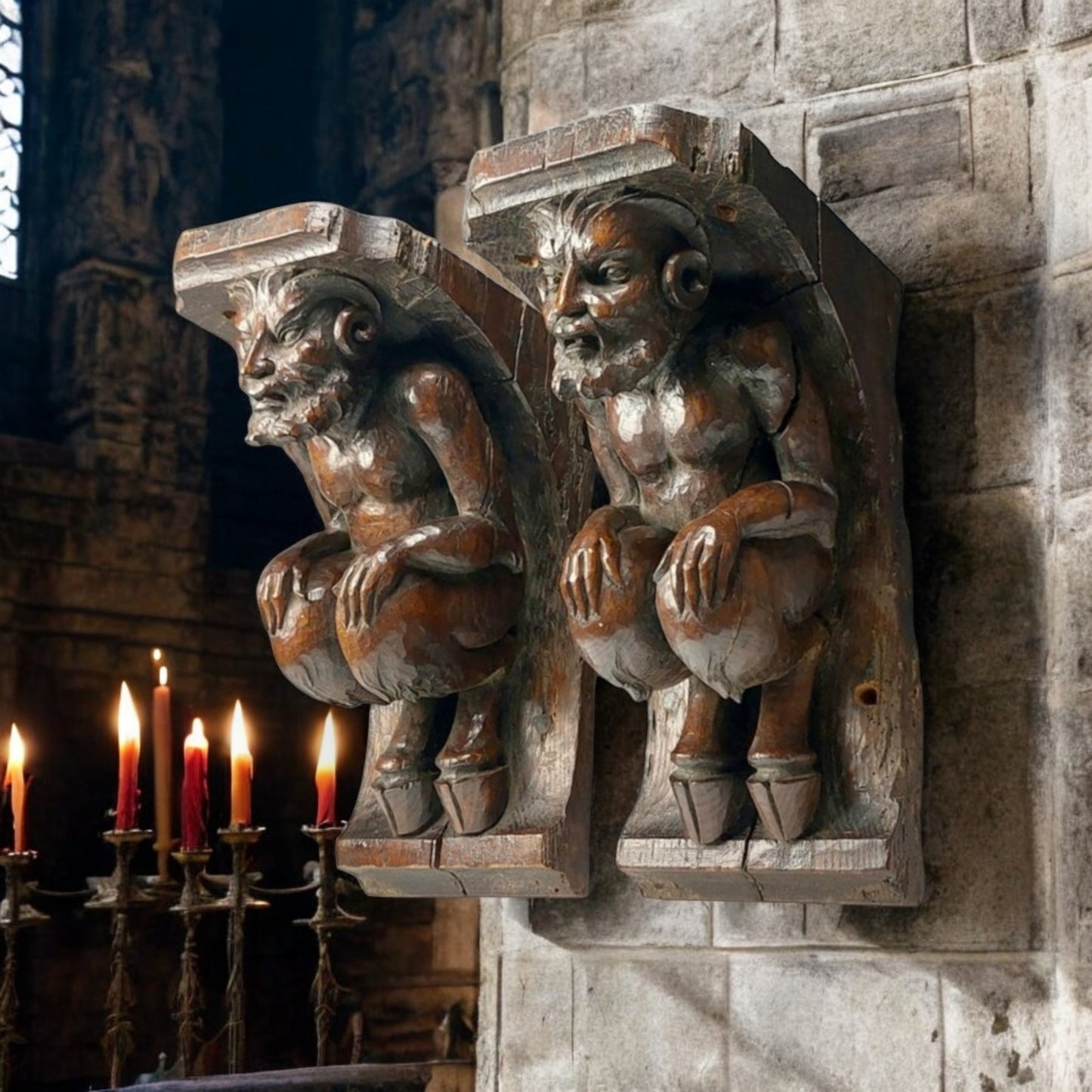 A Large Pair Of Late 17th-Century Antique Carved Oak Satyrs or Faunus