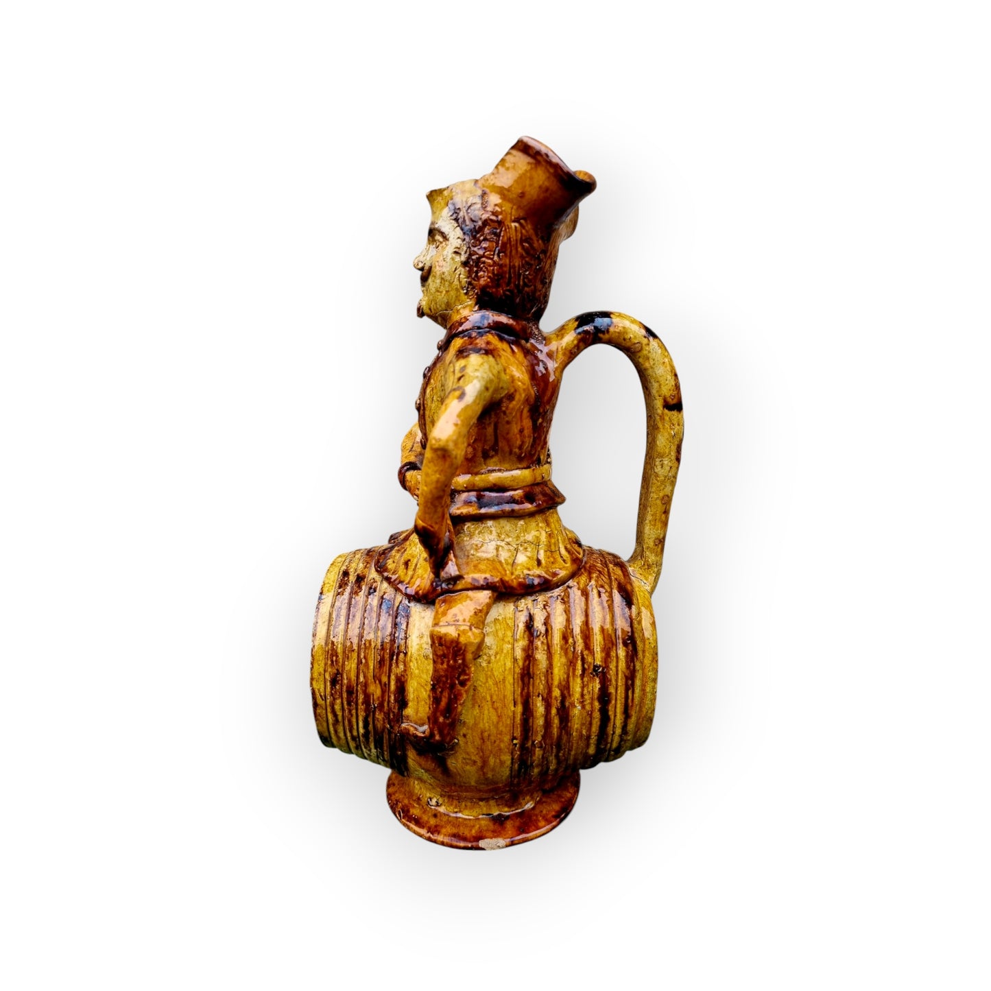 Large 18th-Century Antique Ochre-Glazed Earthenware Jug / Pitcher / Ewer In The Form Of "Man On A Barrel"