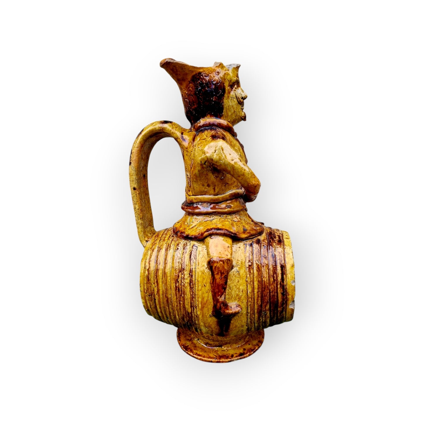 Large 18th-Century Antique Ochre-Glazed Earthenware Jug / Pitcher / Ewer In The Form Of "Man On A Barrel"