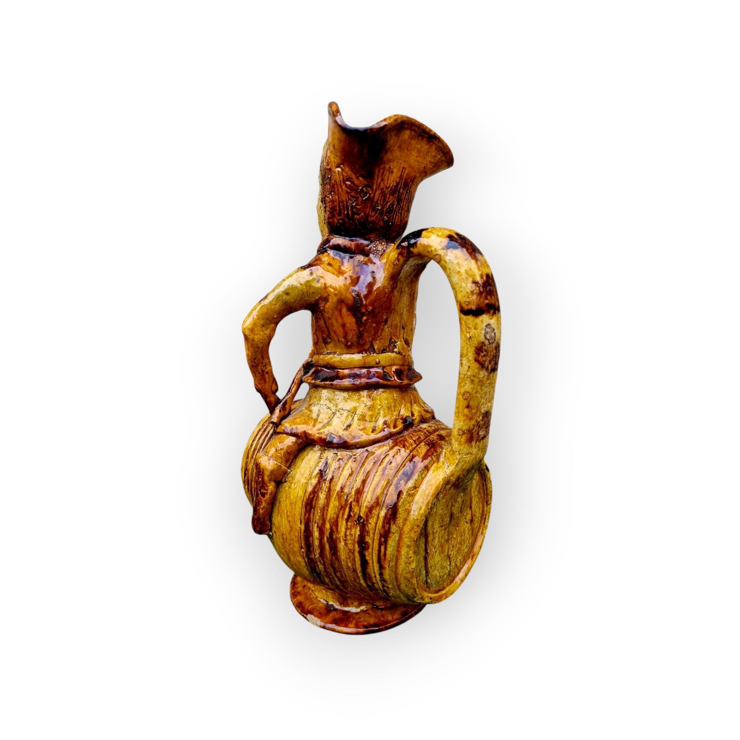 Large 18th-Century Antique Ochre-Glazed Earthenware Jug / Pitcher / Ewer In The Form Of "Man On A Barrel"