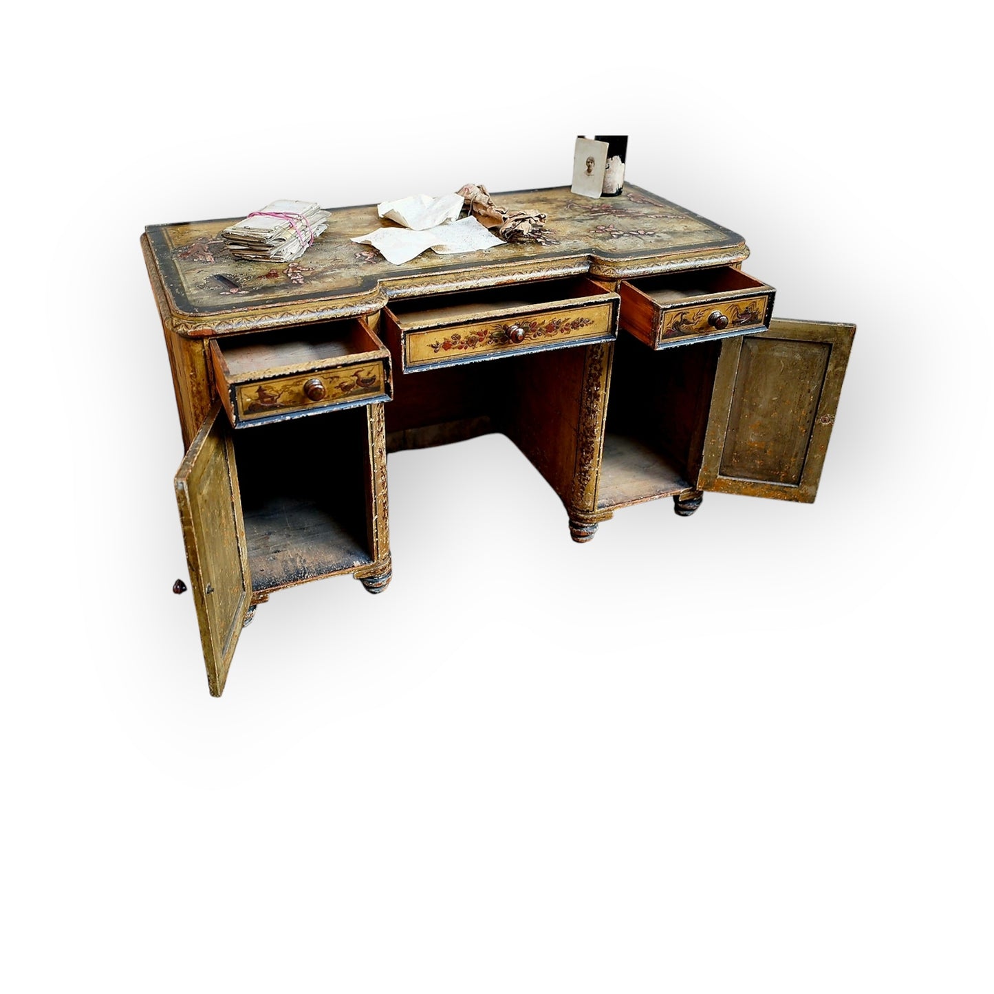 18th-Century Style, Late Victorian/Edwardian Period-Made, English Antique Chinoiserie Pedestal Desk