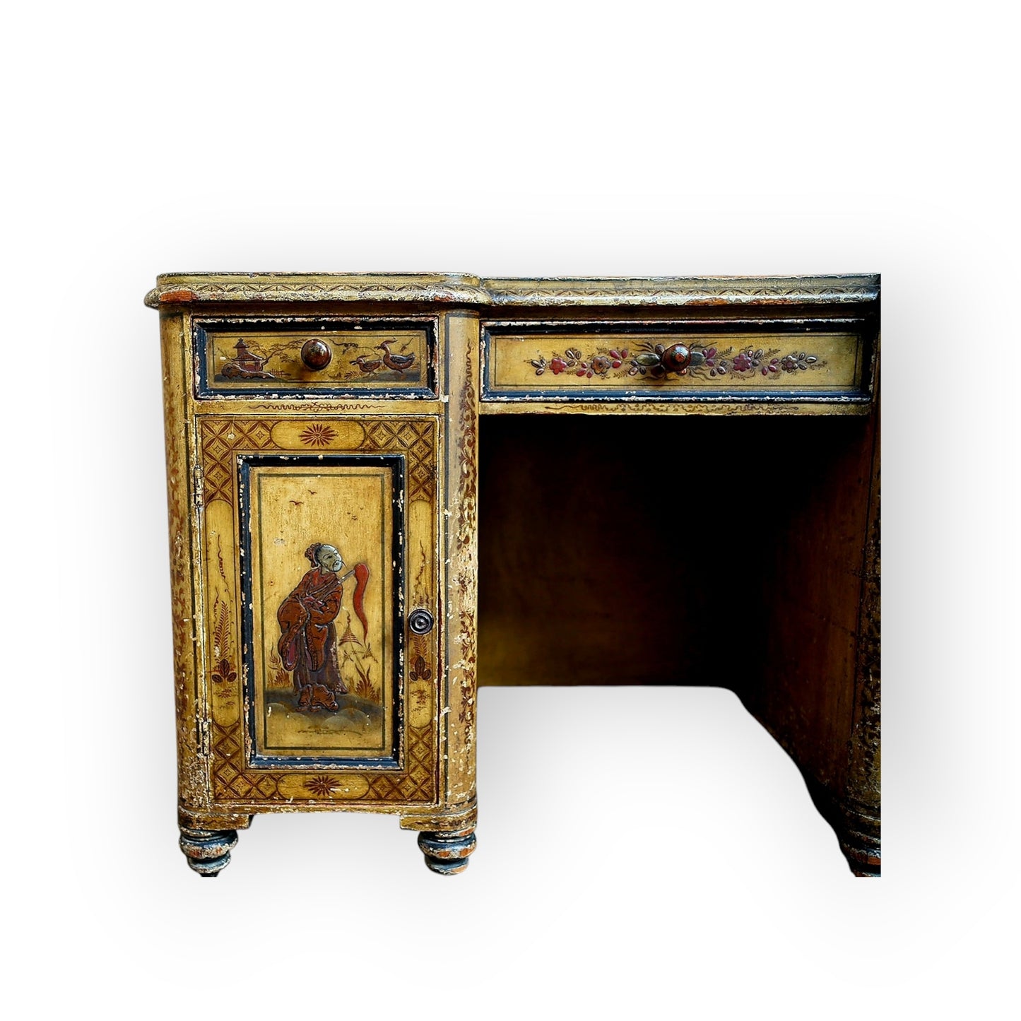 18th-Century Style, Late Victorian/Edwardian Period-Made, English Antique Chinoiserie Pedestal Desk