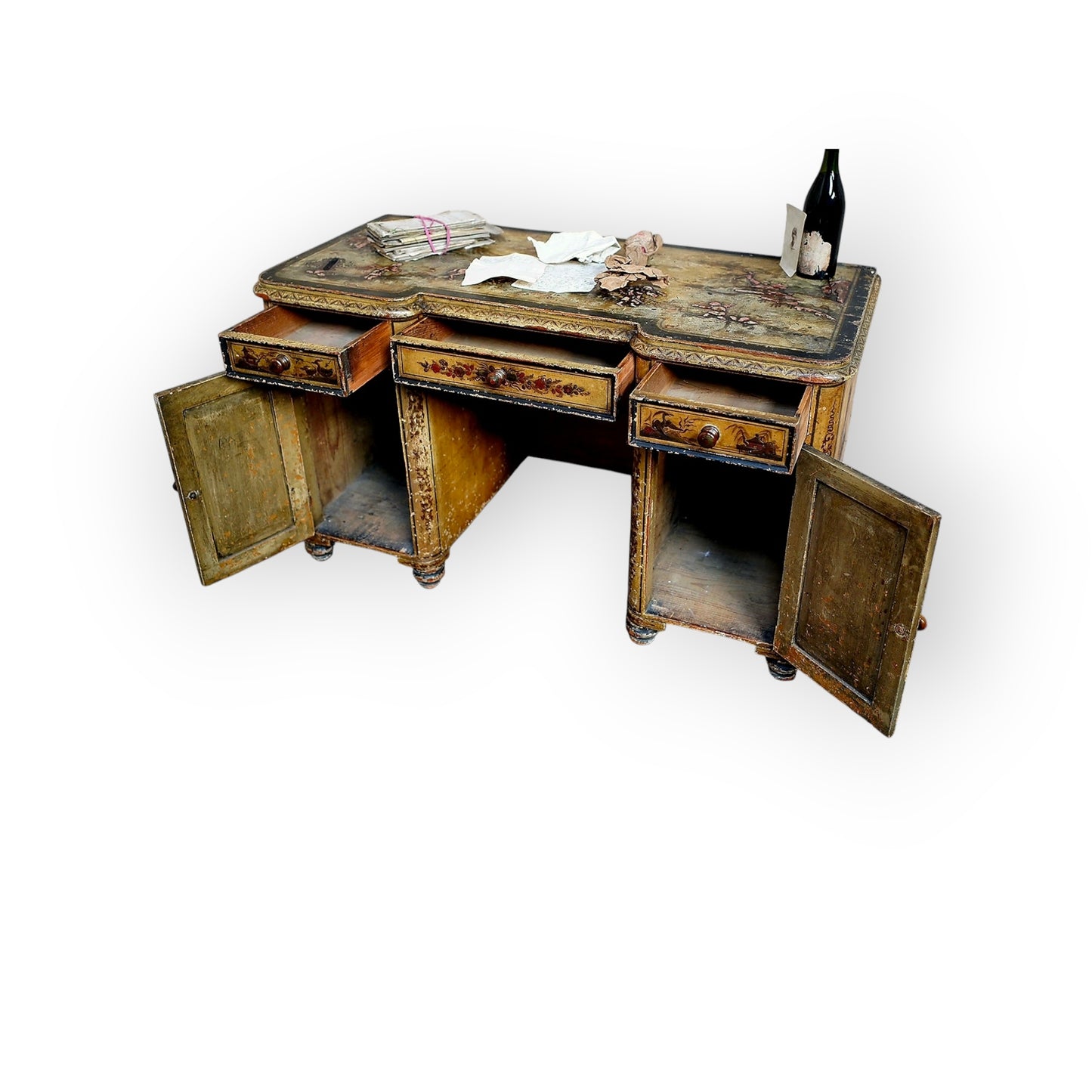 18th-Century Style, Late Victorian/Edwardian Period-Made, English Antique Chinoiserie Pedestal Desk