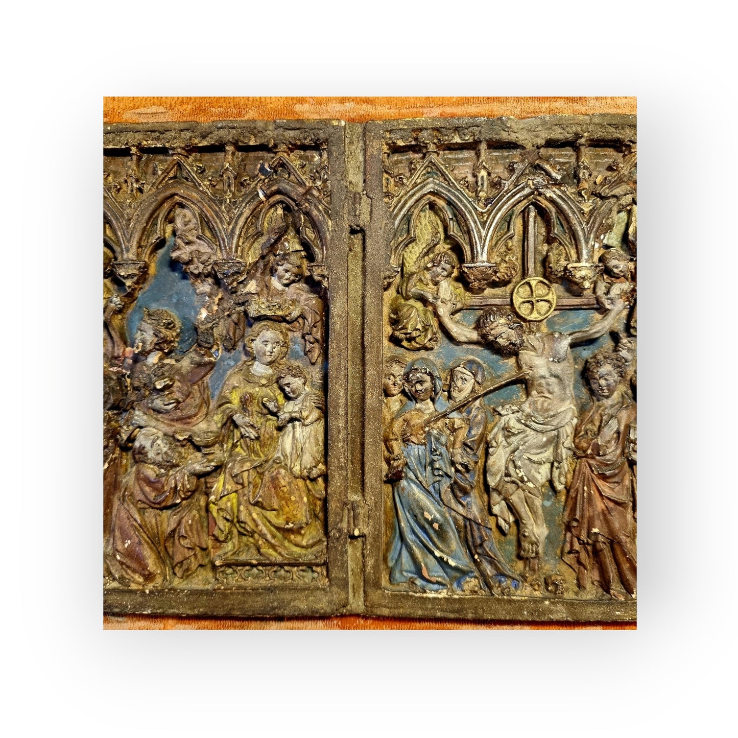 Previously Owned By Arch Duke Ludwig Viktor Von Habsburg (1842 - 1919), A Gothic Antique Plaster Plaque In Original Polychrome Depicting The Adoration Of The Magi & The Crucifixion