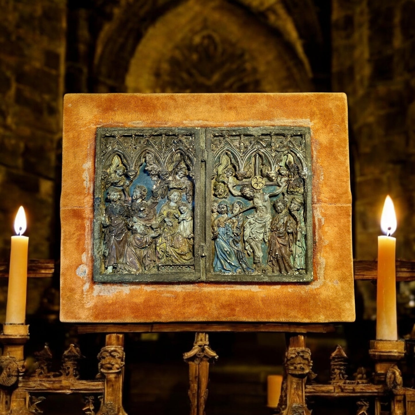 Previously Owned By Arch Duke Ludwig Viktor Von Habsburg (1842 - 1919), A Gothic Antique Plaster Plaque In Original Polychrome Depicting The Adoration Of The Magi & The Crucifixion