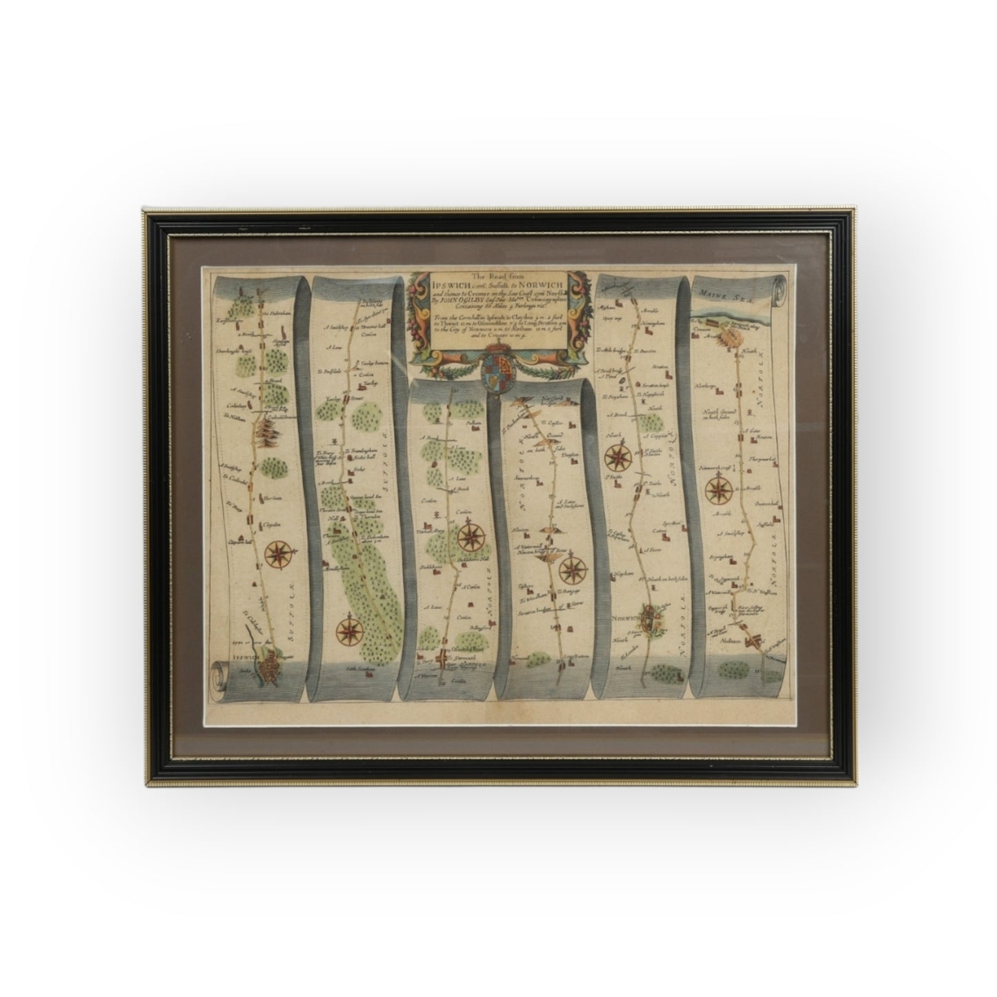 17th-Century English Antique Strip Map / Coaching Road Map By John Ogilby (B.1600-D.1676), Entitled "The Road From Ipswich To Norwich And Thence To Cromer On The Sea Coast, Norfolk", Published, circa 1675