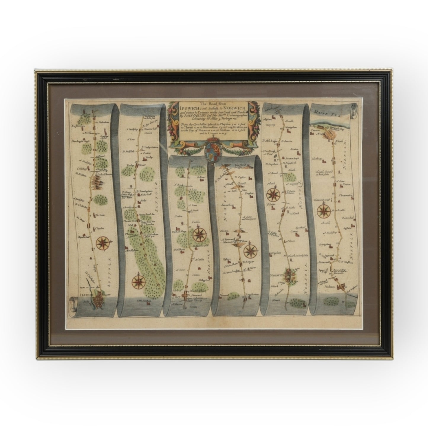 17th-Century English Antique Strip Map / Coaching Road Map By John Ogilby (B.1600-D.1676), Entitled "The Road From Ipswich To Norwich And Thence To Cromer On The Sea Coast, Norfolk", Published, circa 1675