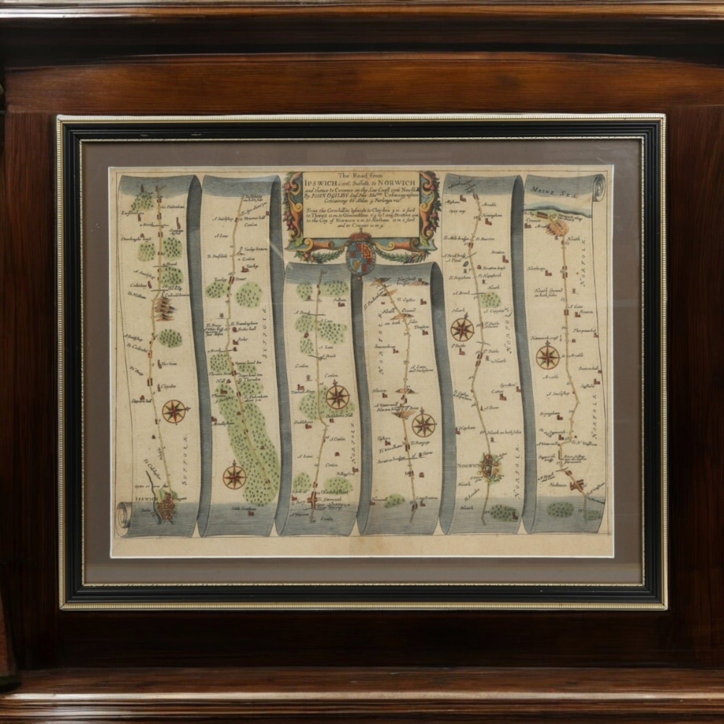 17th-Century English Antique Strip Map / Coaching Road Map By John Ogilby (B.1600-D.1676), Entitled "The Road From Ipswich To Norwich And Thence To Cromer On The Sea Coast, Norfolk", Published, circa 1675