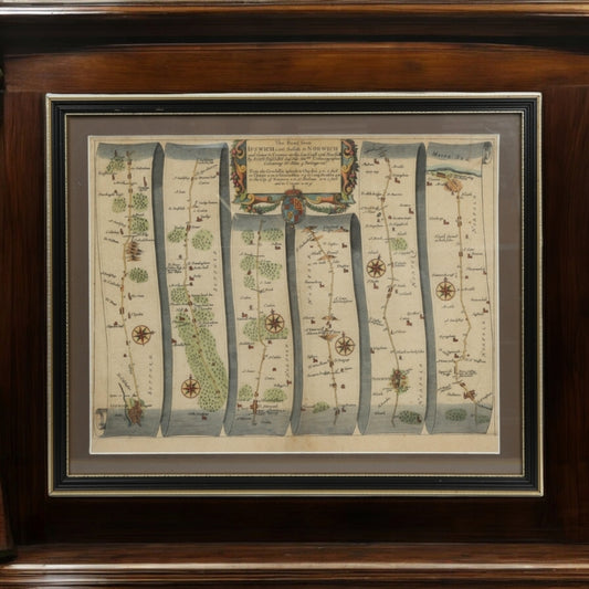 17th-Century English Antique Strip Map / Coaching Road Map By John Ogilby (B.1600-D.1676), Entitled "The Road From Ipswich To Norwich And Thence To Cromer On The Sea Coast, Norfolk", Published, circa 1675