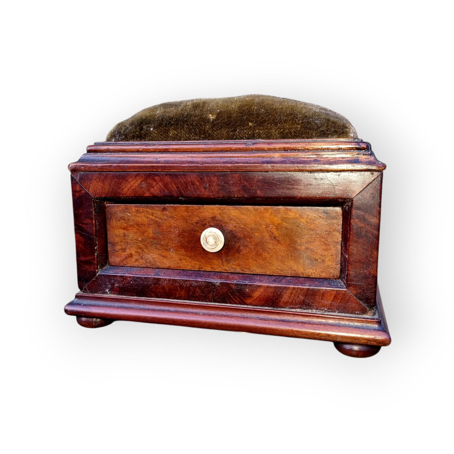 Diminutive Late George III Period English Antique Mahogany Sewing Box With Original Pin Cushion