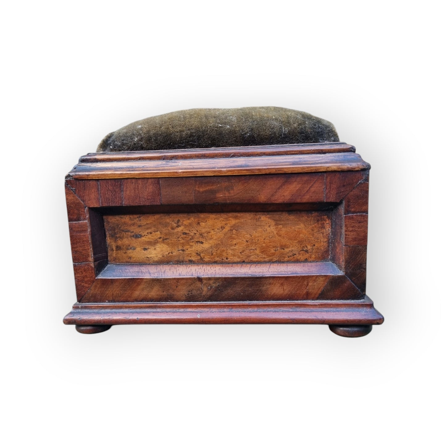 Diminutive Late George III Period English Antique Mahogany Sewing Box With Original Pin Cushion