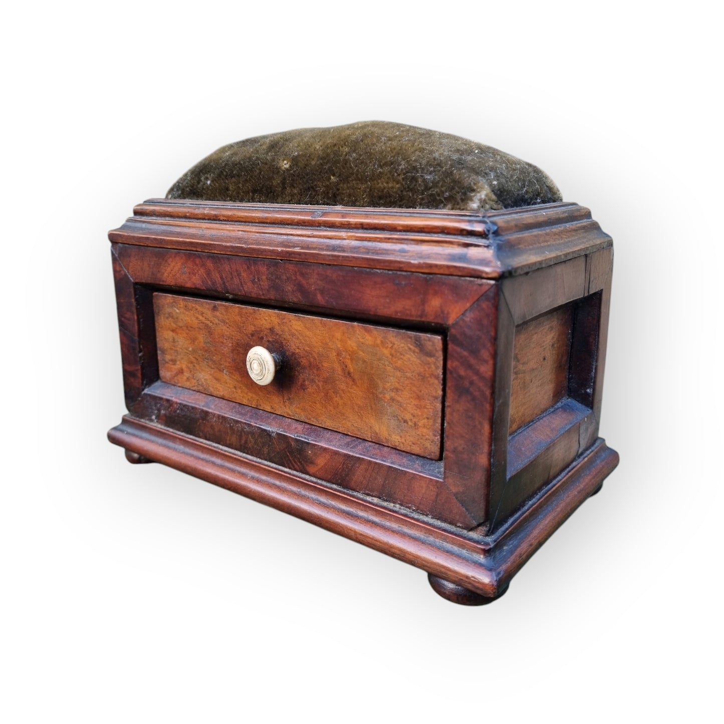 Diminutive Late George III Period English Antique Mahogany Sewing Box With Original Pin Cushion