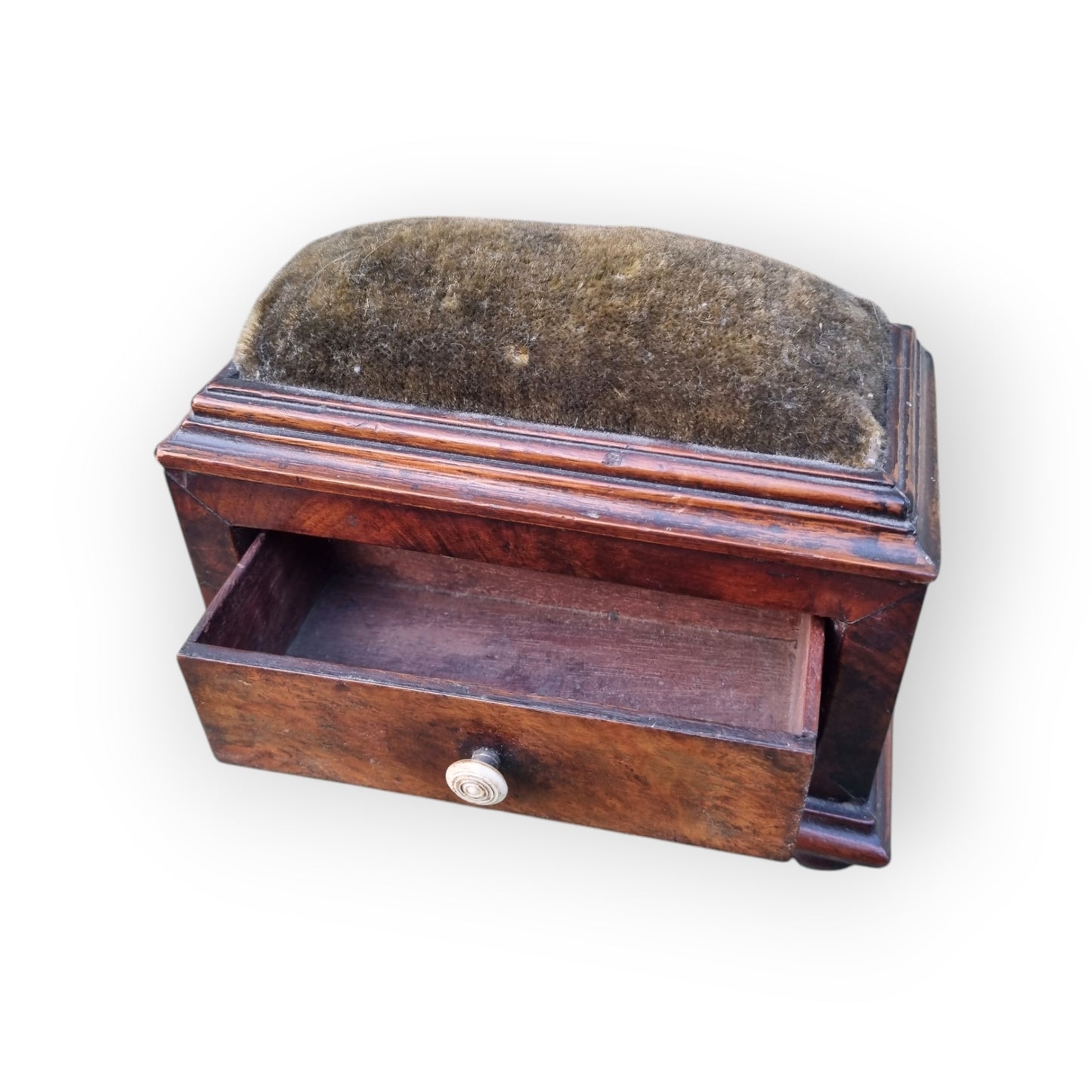 Diminutive Late George III Period English Antique Mahogany Sewing Box With Original Pin Cushion