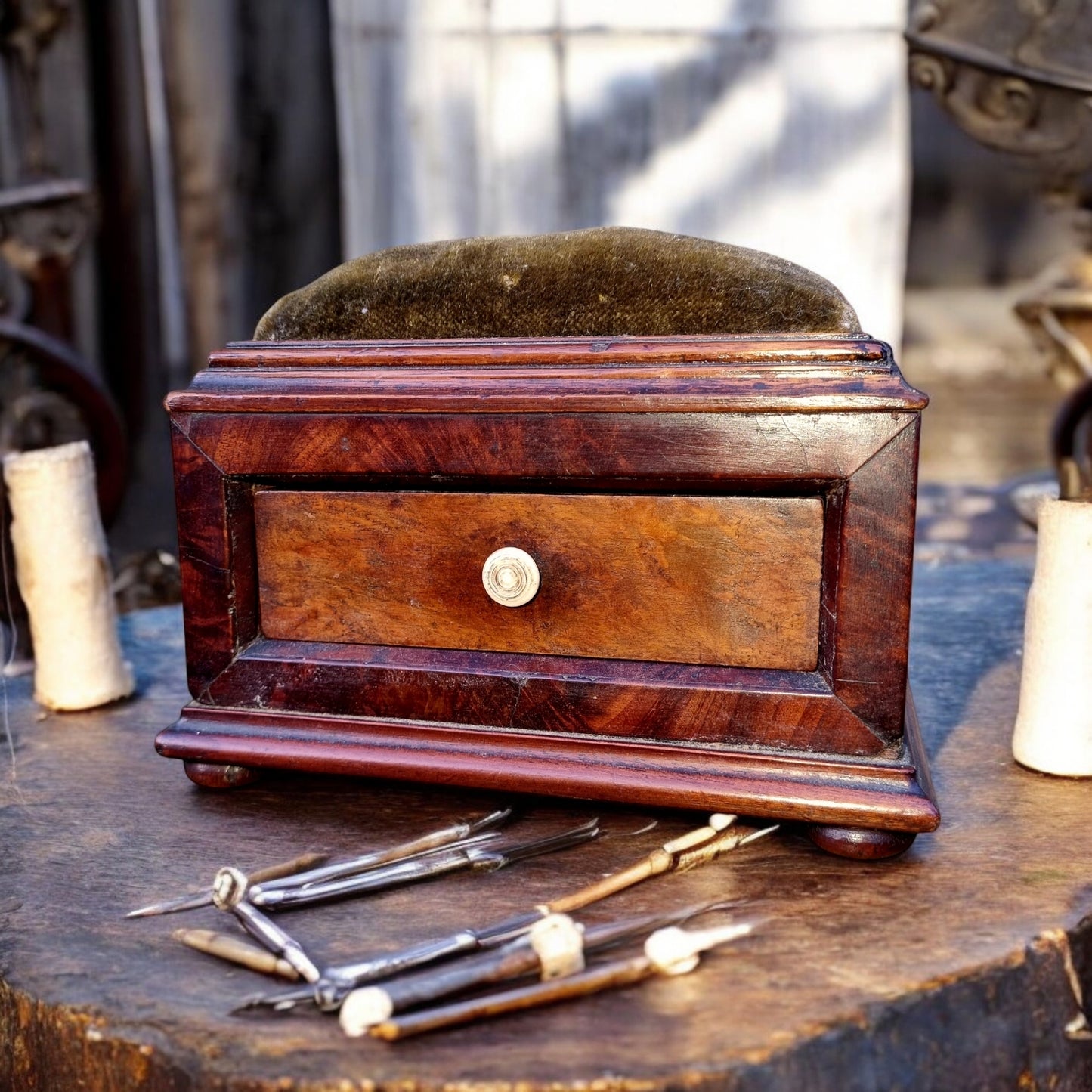 Diminutive Late George III Period English Antique Mahogany Sewing Box With Original Pin Cushion