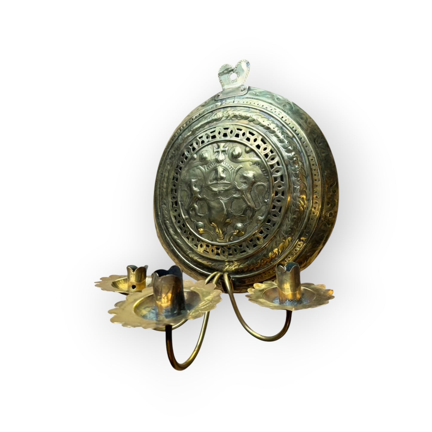 17th-Century Flemish / Dutch Antique Brass Wall Reflector / Wall Sconce With Three Candleholders