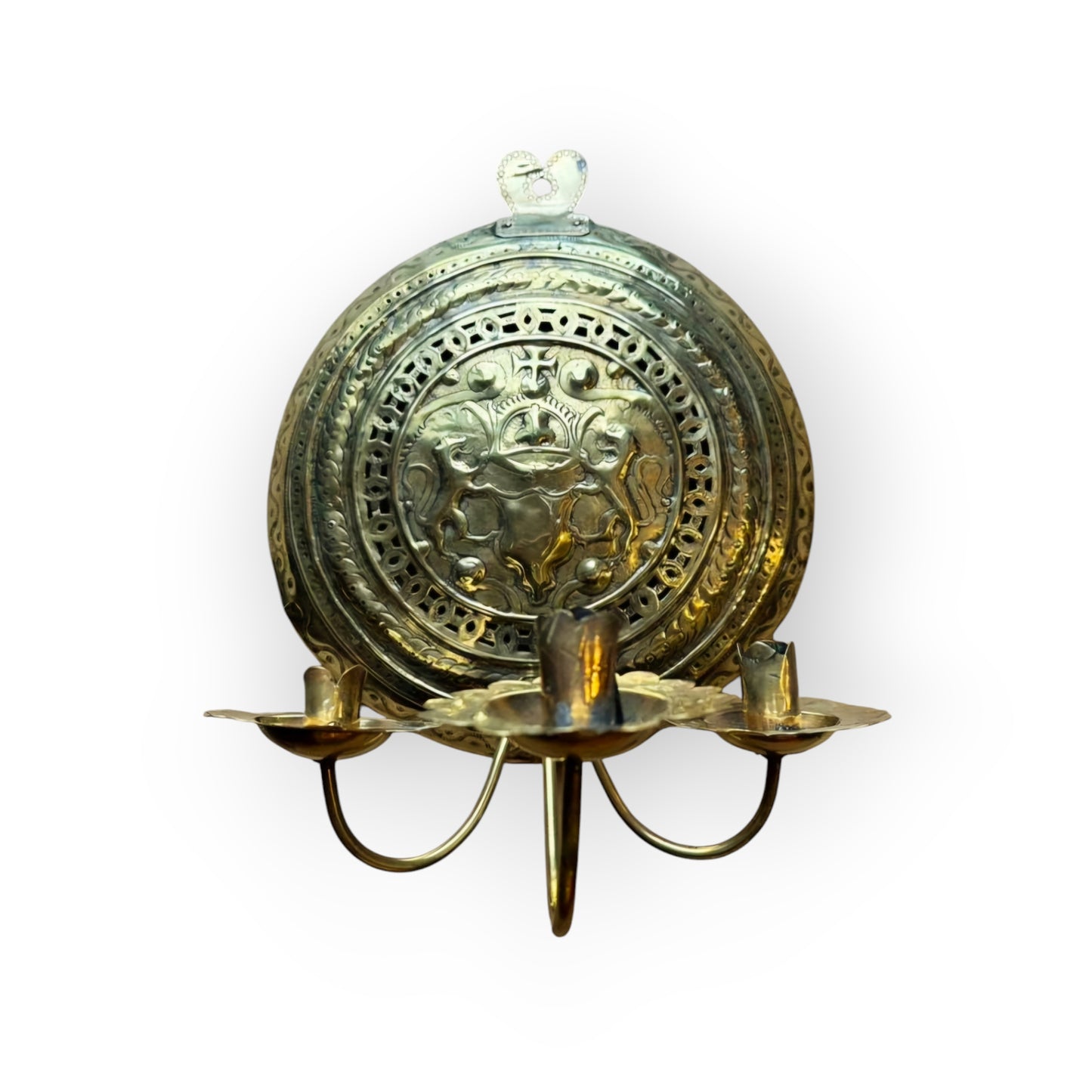 17th-Century Flemish / Dutch Antique Brass Wall Reflector / Wall Sconce With Three Candleholders