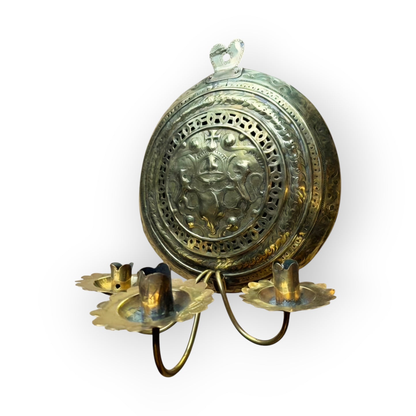 17th-Century Flemish / Dutch Antique Brass Wall Reflector / Wall Sconce With Three Candleholders