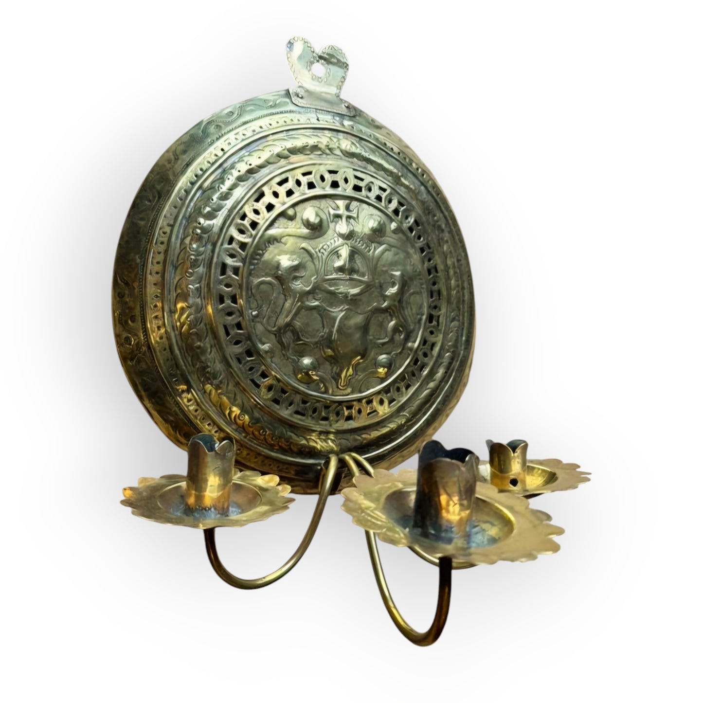 17th-Century Flemish / Dutch Antique Brass Wall Reflector / Wall Sconce With Three Candleholders