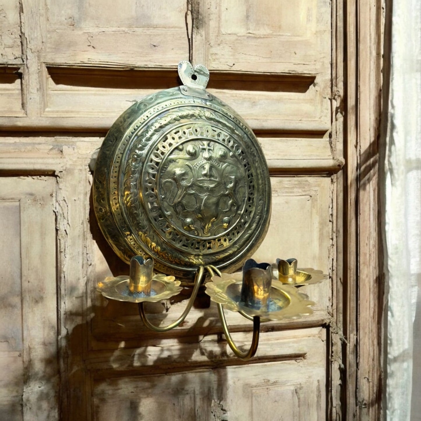 17th-Century Flemish / Dutch Antique Brass Wall Reflector / Wall Sconce With Three Candleholders