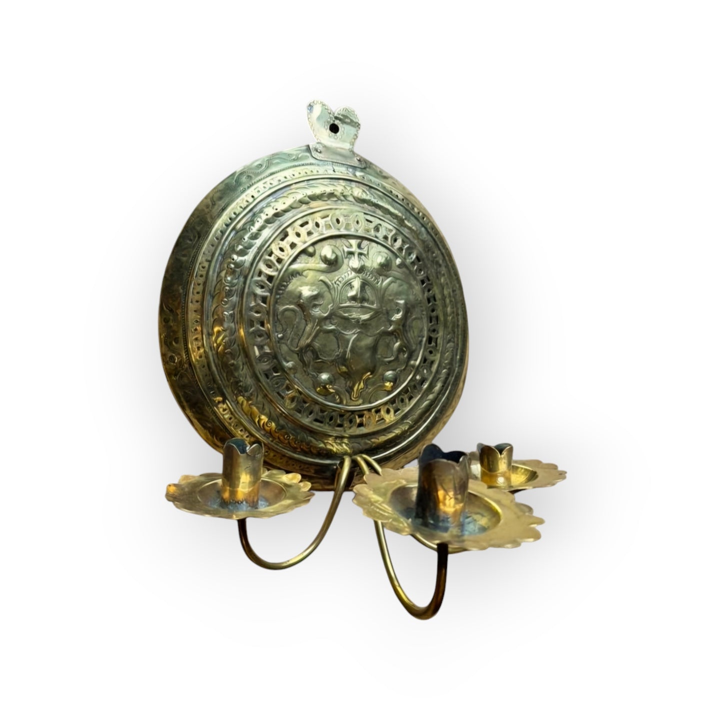 17th-Century Flemish / Dutch Antique Brass Wall Reflector / Wall Sconce With Three Candleholders