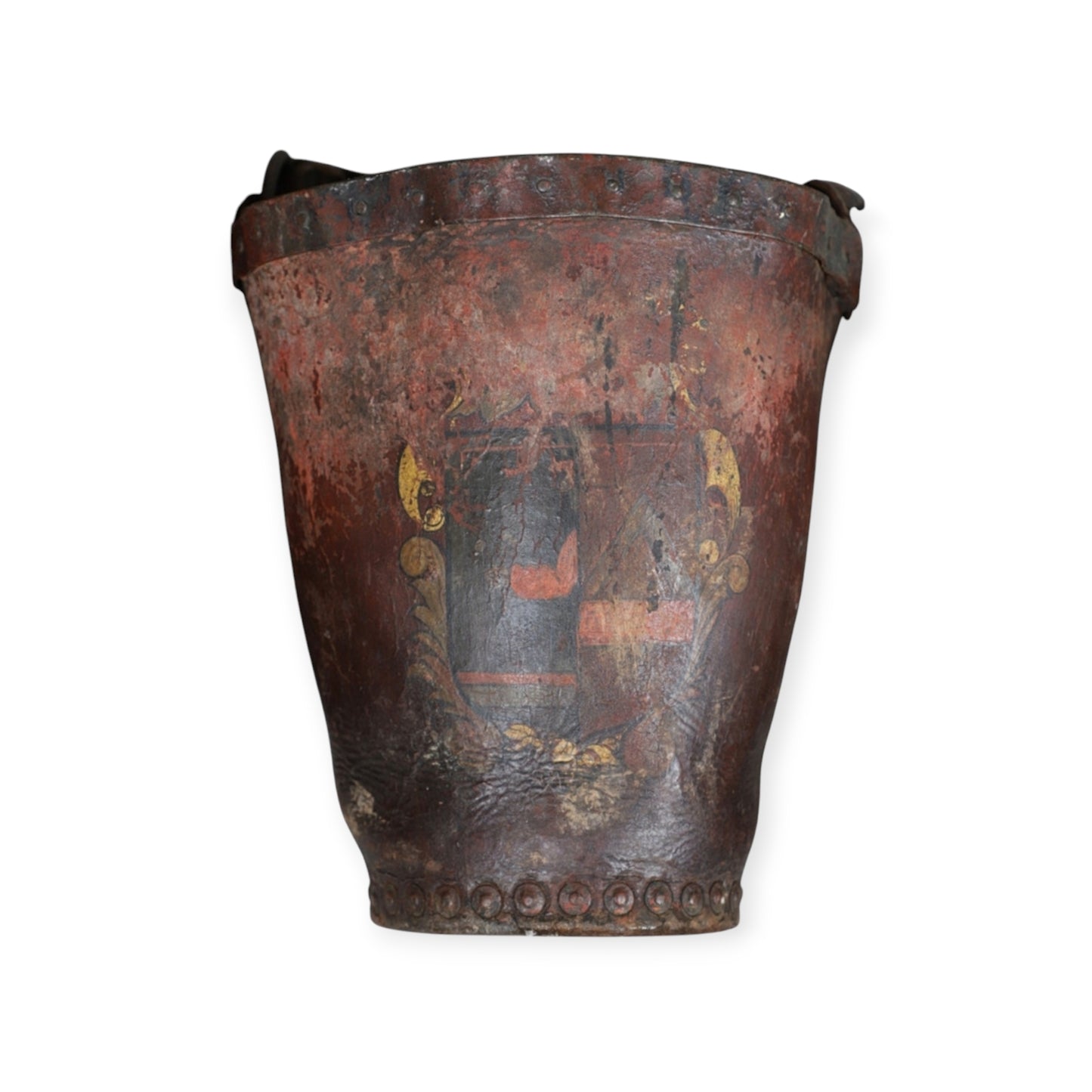 An Early 19th Century George III Period English Antique Leather Fire Bucket Bearing An Unidentified Coat of Arms / Armorial Device