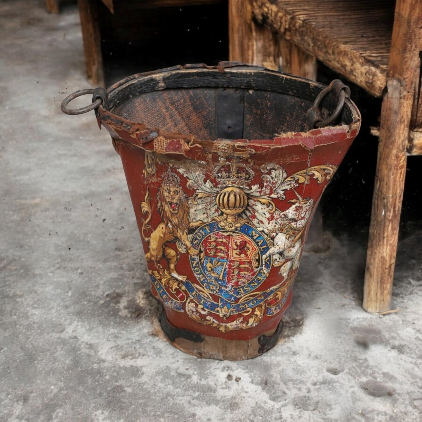 Mid 19th Century English Antique Leather Fire Bucket Bearing the Royal Coat of Arms of Queen Victoria