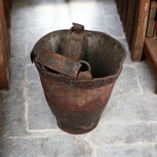 An Early 19th Century George III Period English Antique Leather Fire Bucket Bearing An Unidentified Coat of Arms / Armorial Device