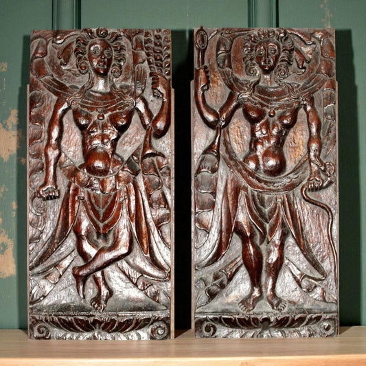 A Pair Of Large 16th-Century Allegorical Antique Carved Oak Panels Depicting Agriculture & Prudence