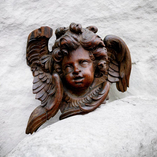 A Large Mid 18th-Century Baroque Period Antique Carved Wooden Cherub, circa 1750
