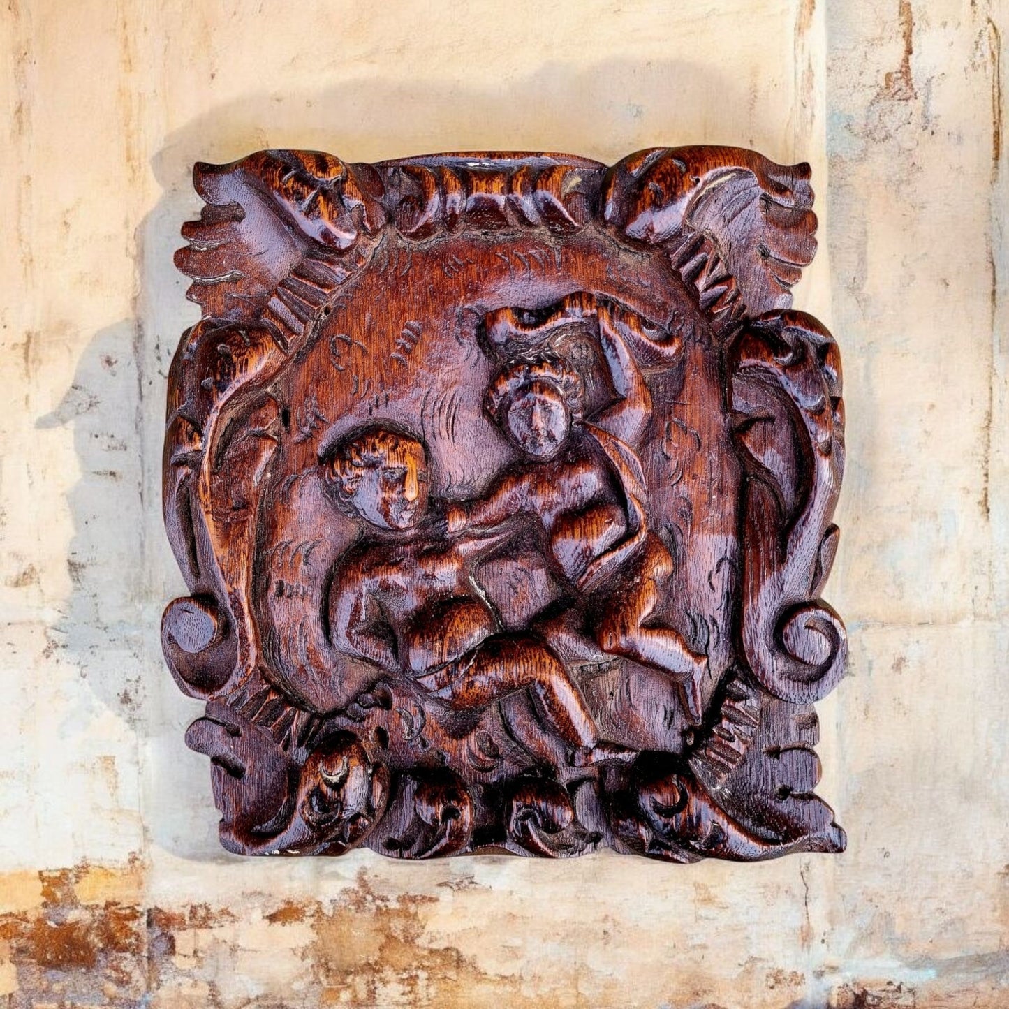 Early 17th-Century Antique Carved Walnut Panel Depicting Cain and Abel