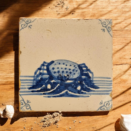 Mid 18th-Century Dutch Antique Tin-Glazed Delftware Tile Depicting A Crab