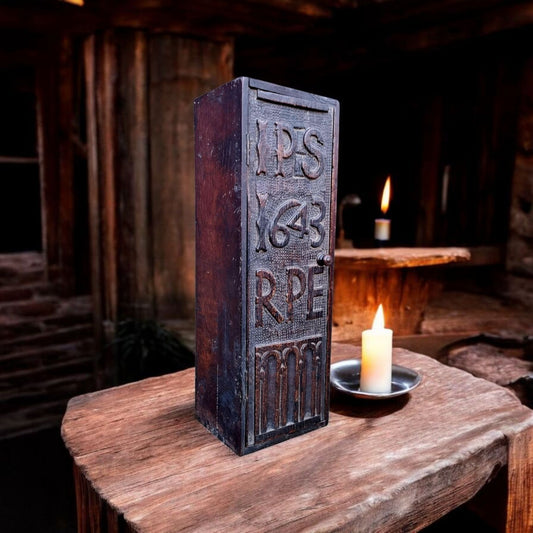 Mid 17th-century English Antique Oak Candlebox, The Front Inscribed "IPS 1643 RPE"