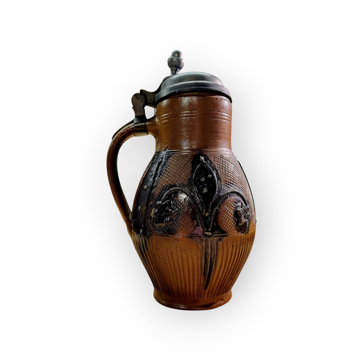 Late 18th-Century German Antique Muskau Stoneware Beer Stein / Tankard, With A Pewter Lid