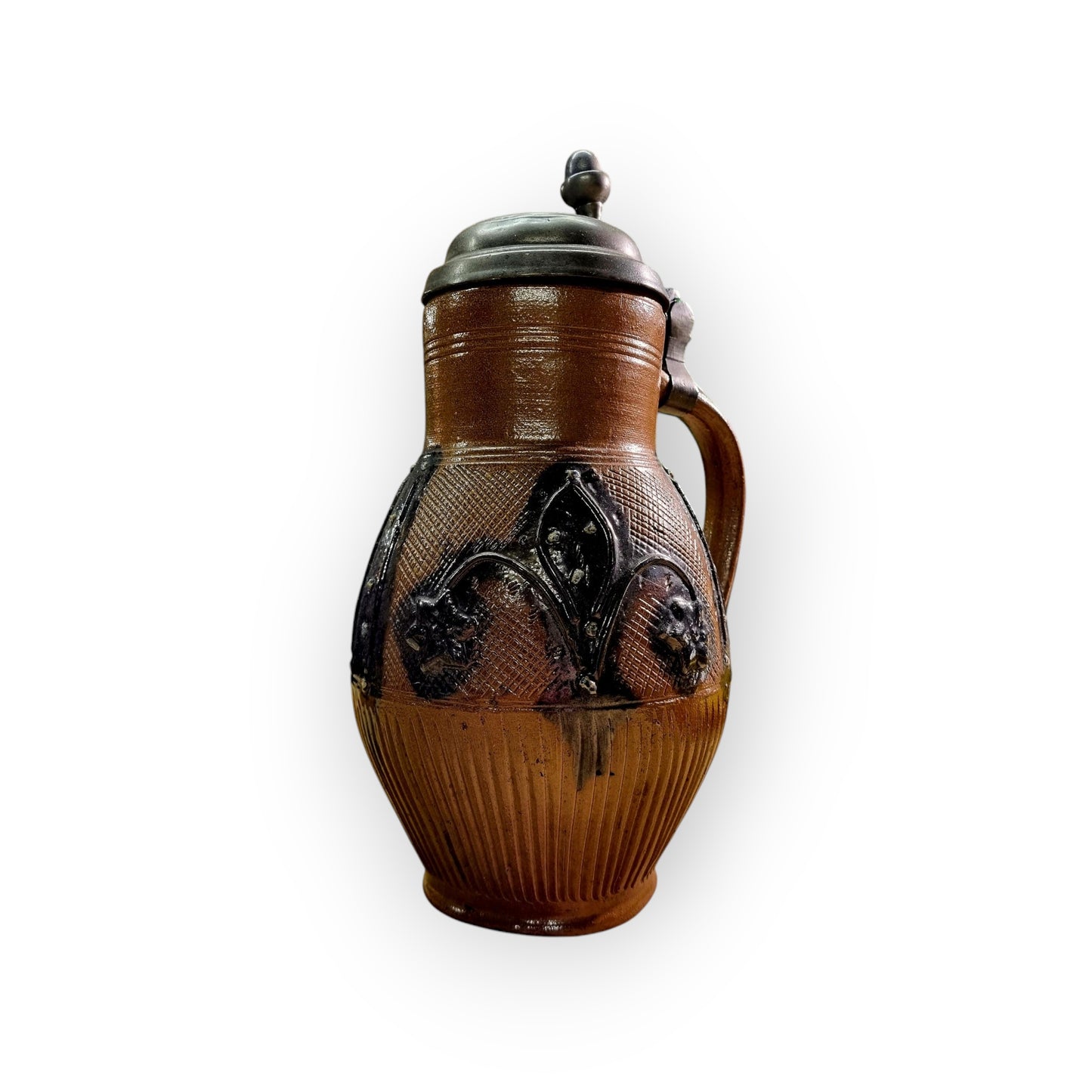 Late 18th-Century German Antique Muskau Stoneware Beer Stein / Tankard, With A Pewter Lid