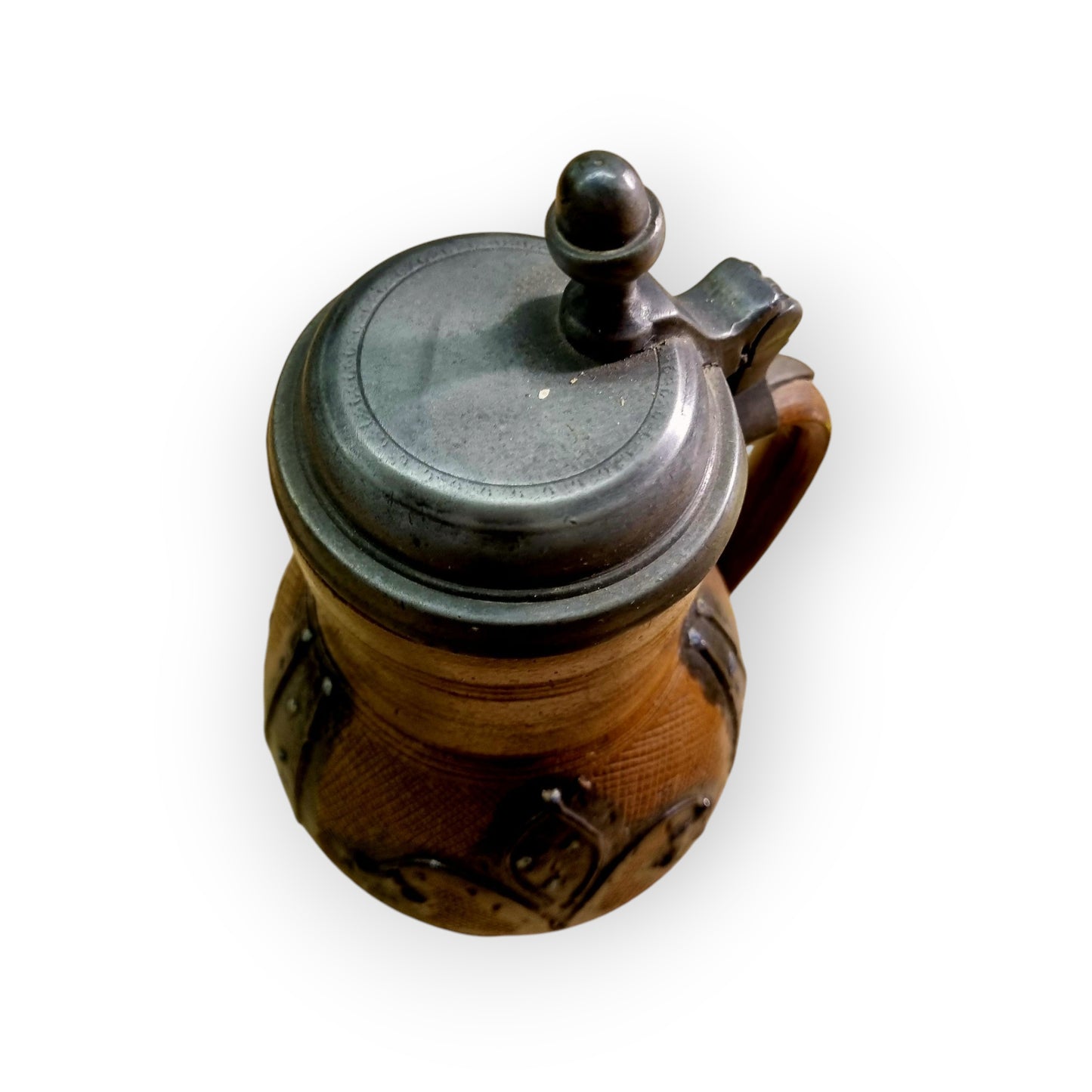 Late 18th-Century German Antique Muskau Stoneware Beer Stein / Tankard, With A Pewter Lid