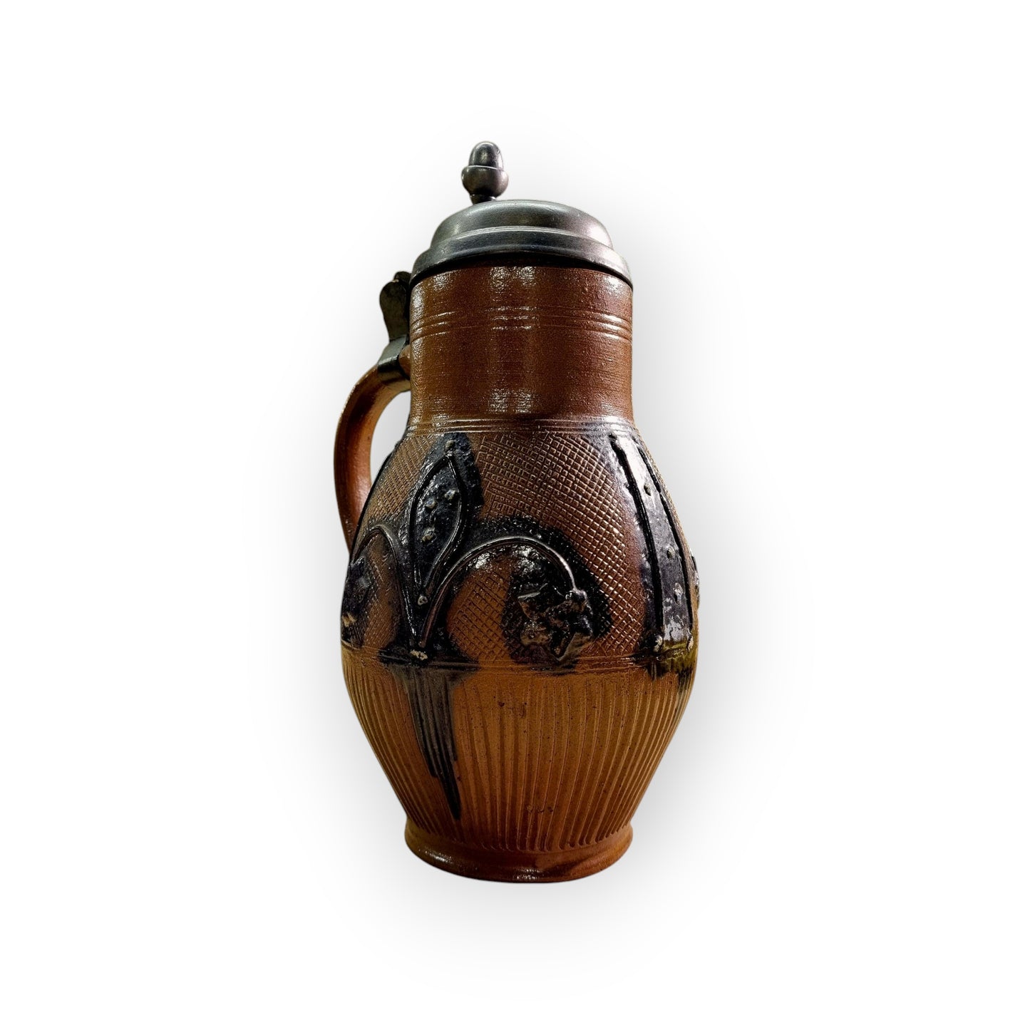 Late 18th-Century German Antique Muskau Stoneware Beer Stein / Tankard, With A Pewter Lid