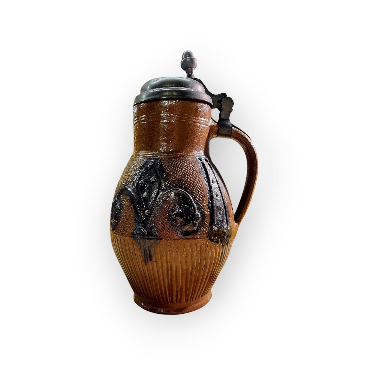 Late 18th-Century German Antique Muskau Stoneware Beer Stein / Tankard, With A Pewter Lid