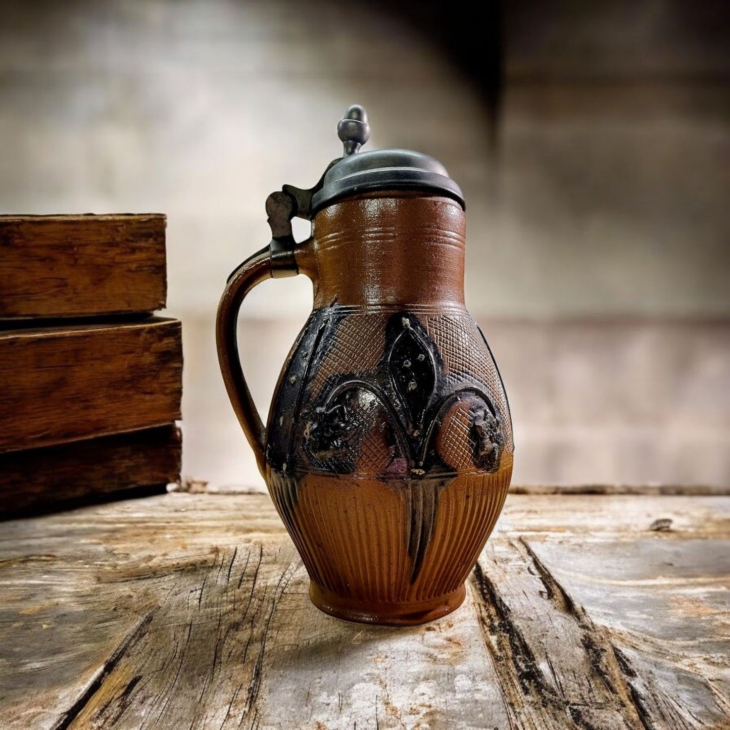 Late 18th-Century German Antique Muskau Stoneware Beer Stein / Tankard, With A Pewter Lid