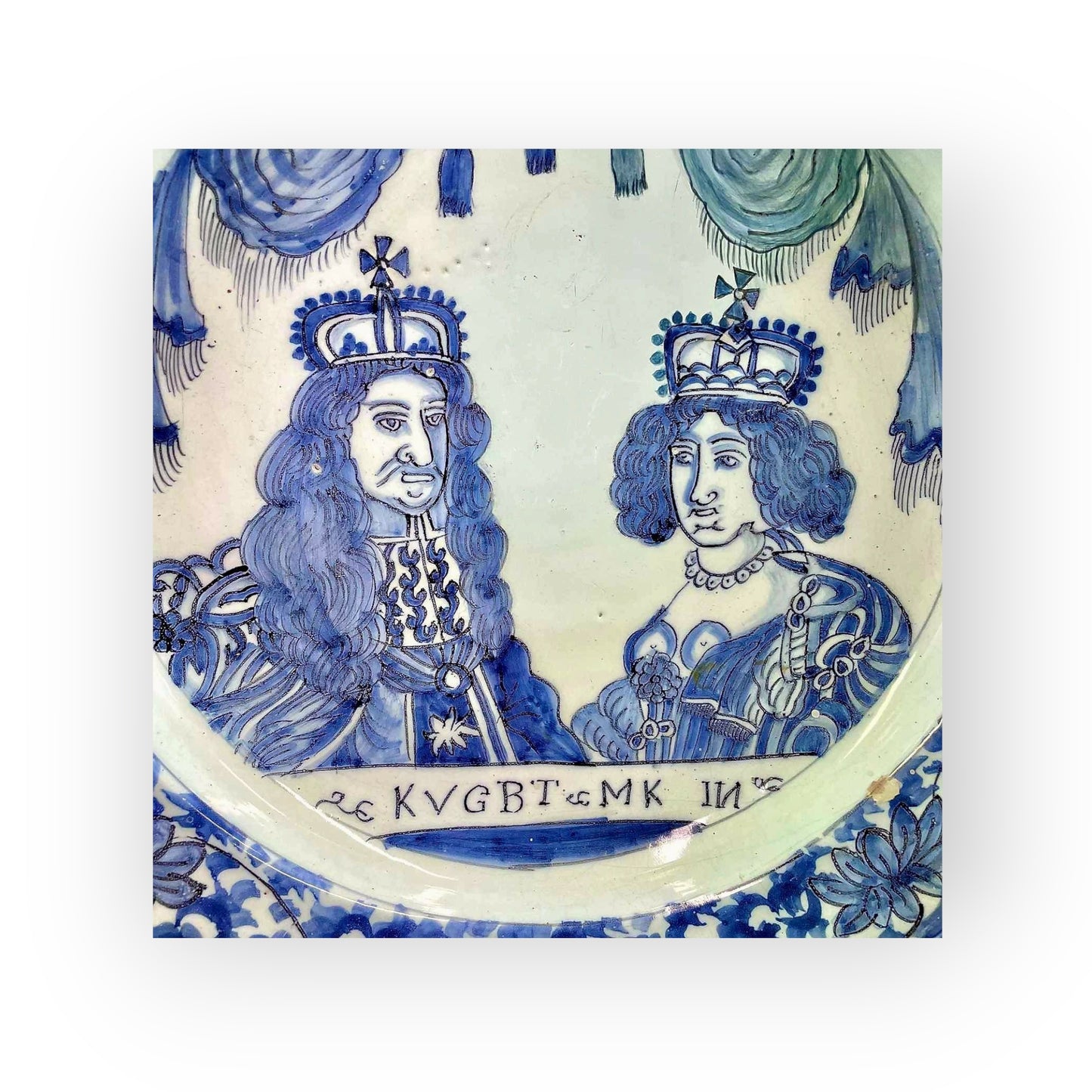 Late 17th-Century Dutch Antique Tin-Glazed Delftware King William III and Queen Mary Charger, circa 1690