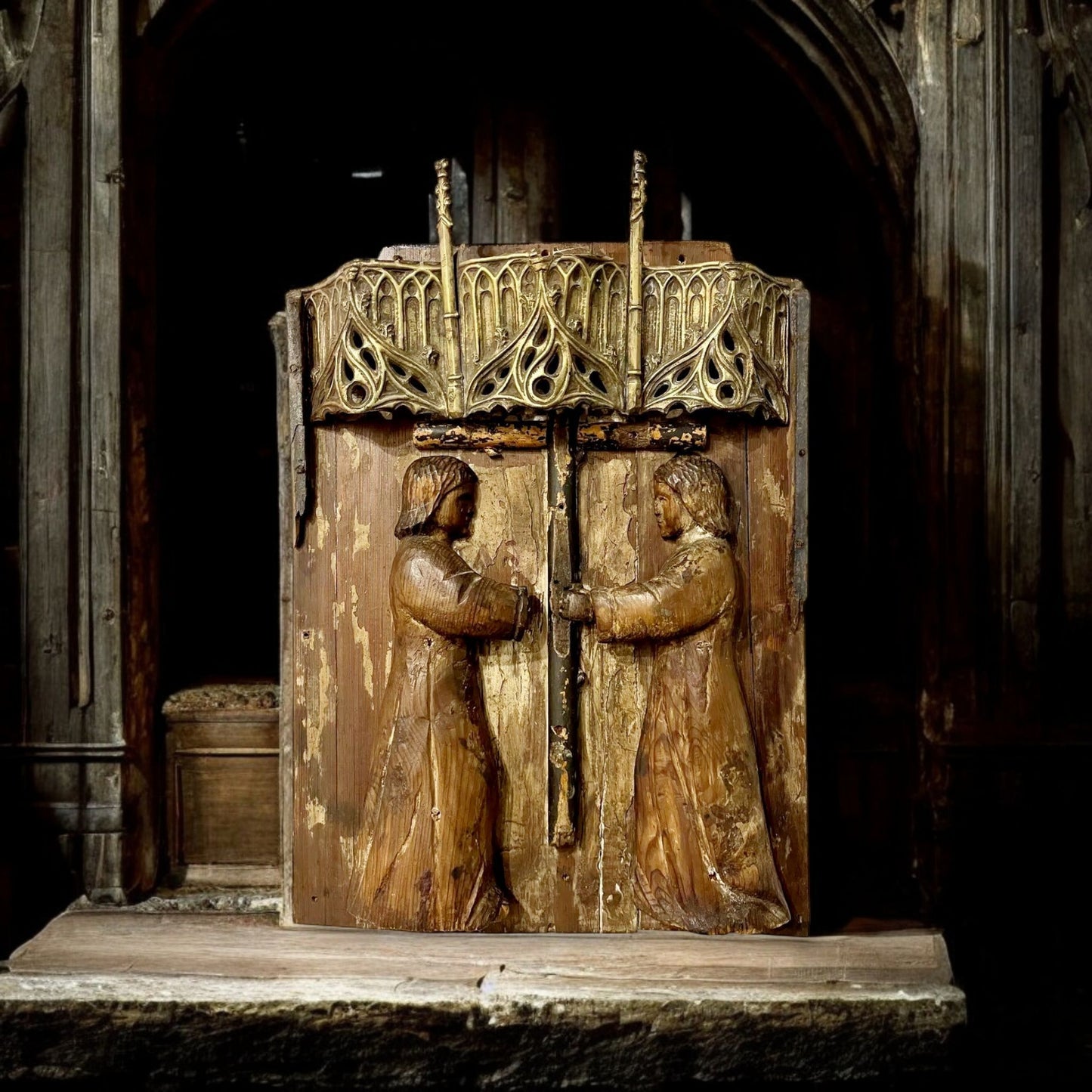 16th-Century & Later Gothic Antique Carved Wood Panel Depicting Angels Kneeling Below A Cross  Symbolising The Passion Of Christ