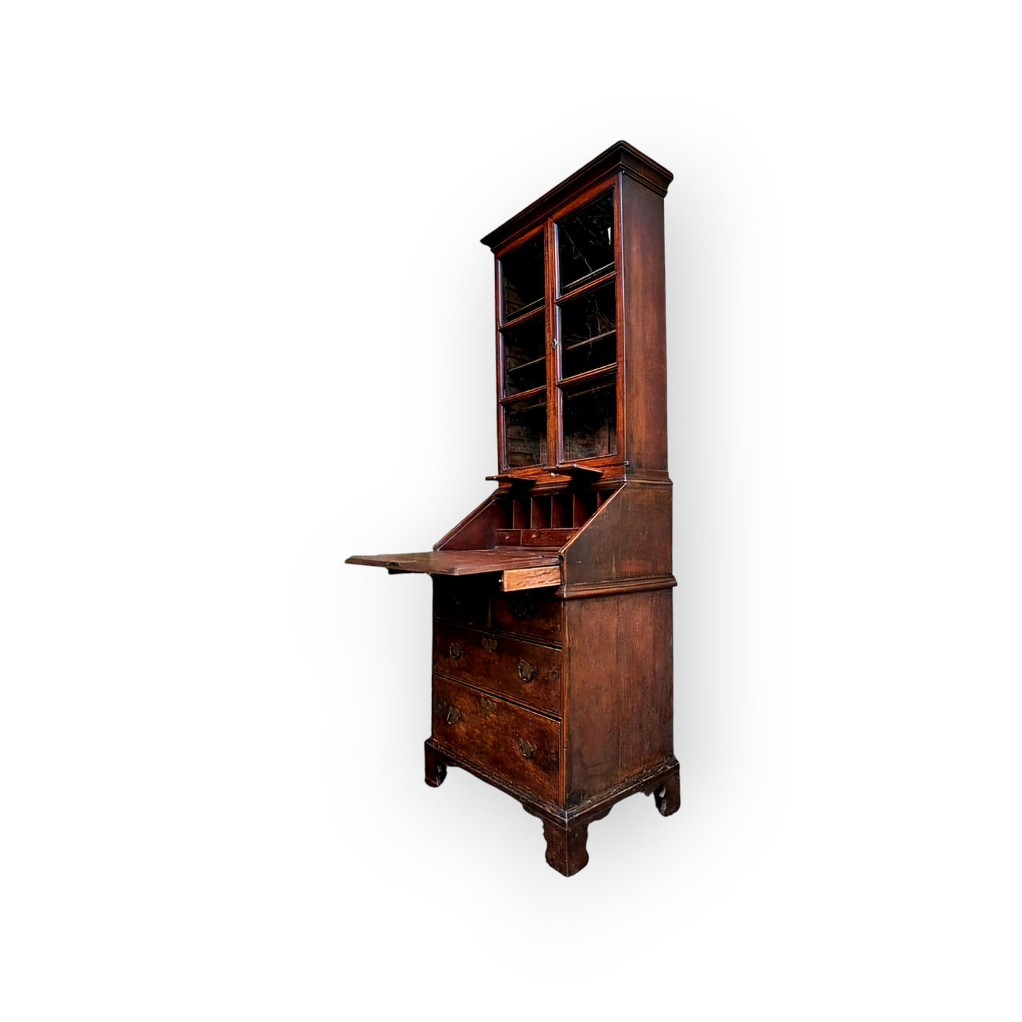 A Small Early 18th Century English Antique Oak Bureau Bookcase In Original Condition