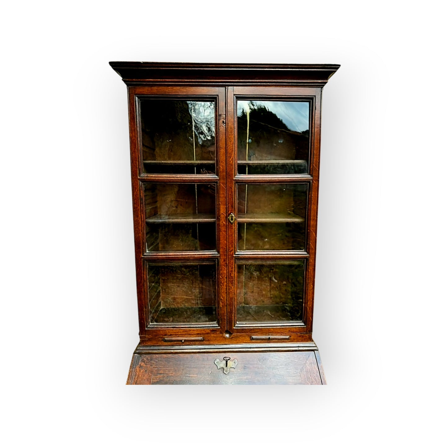 A Small Early 18th Century English Antique Oak Bureau Bookcase In Original Condition