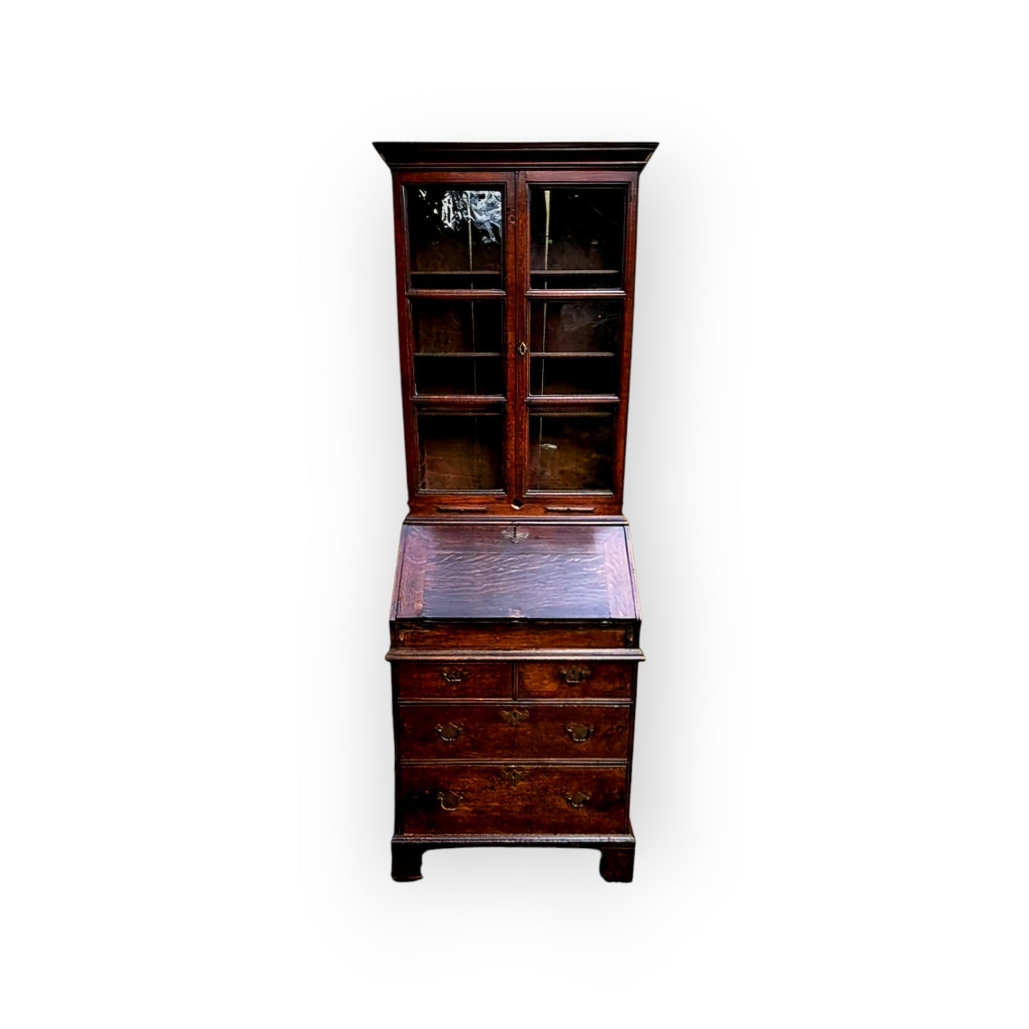 A Small Early 18th Century English Antique Oak Bureau Bookcase In Original Condition