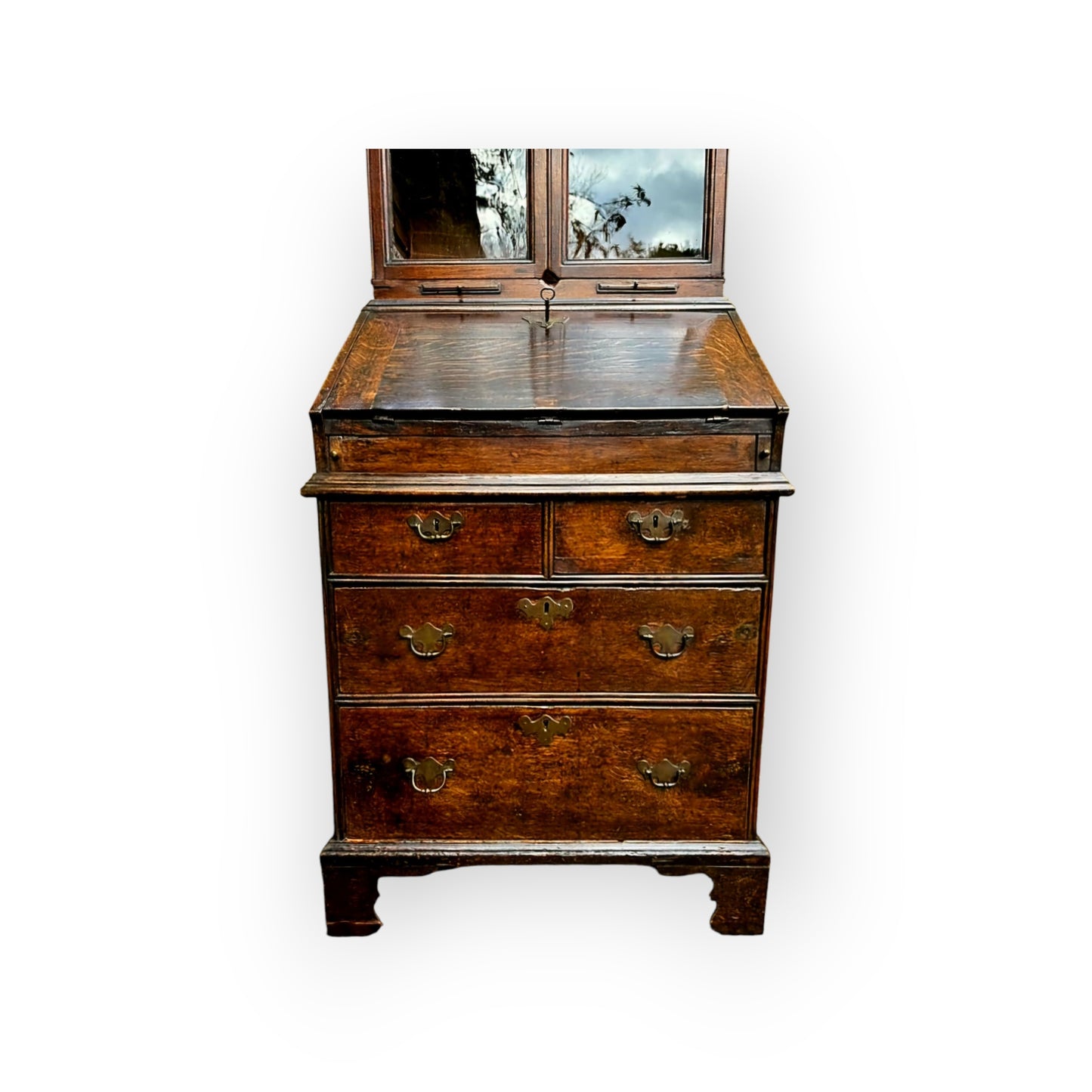 A Small Early 18th Century English Antique Oak Bureau Bookcase In Original Condition